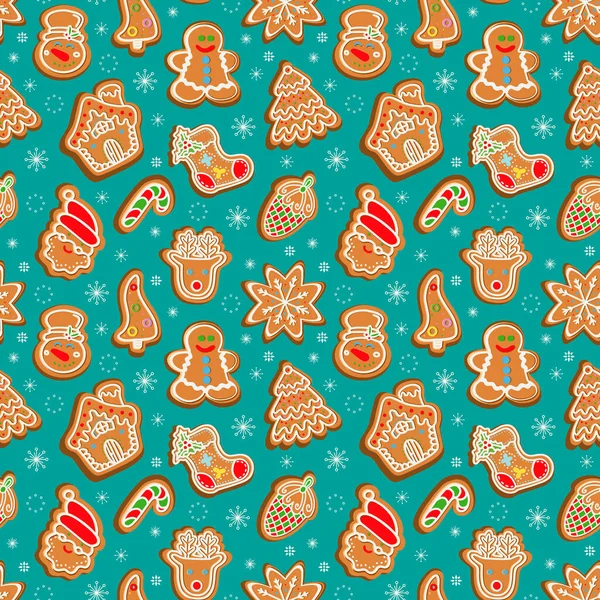 Biscuits au pain d'épice de Noël au milieu des flocons de neige. illustration vectorielle — Image vectorielle