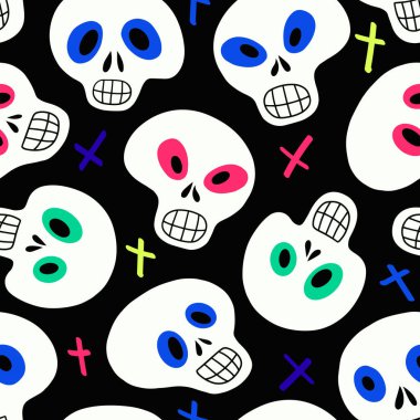 Beyaz kafatasları ve çok renkli haçları olan desen.