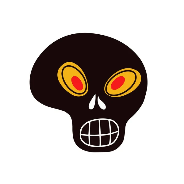 Crâne noir drôle aux yeux rouges. Illustration vectorielle. Design pour Halloween, jour des morts — Image vectorielle