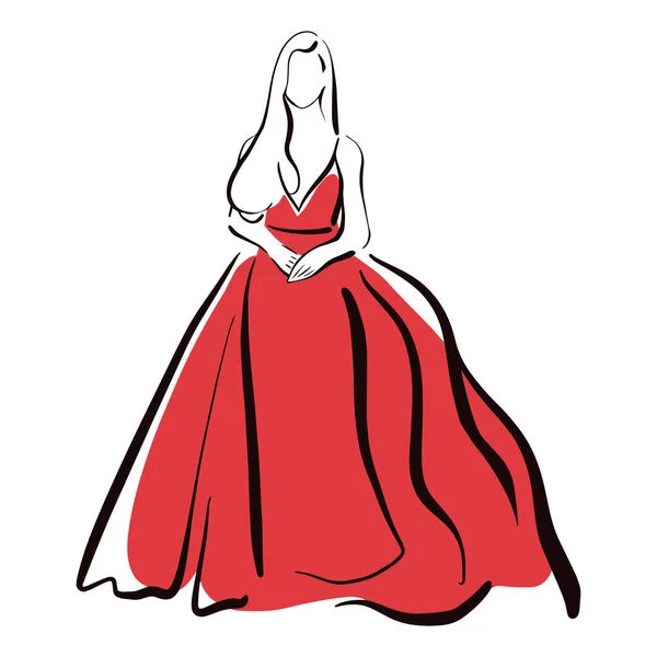 Chica en un boceto de vestido rojo. Ilustración moda — Vector de stock