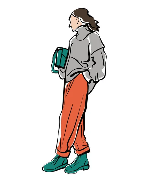 Κορίτσι σε παντελόνι και πουλόβερ εικονογράφηση μόδας — Διανυσματικό Αρχείο