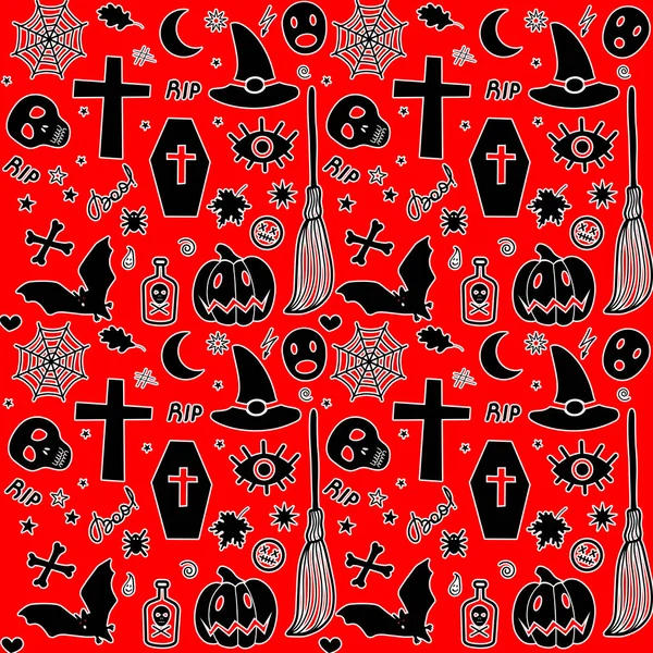 Patrón sin costuras de Halloween artículos espeluznantes tradicionales. ilustración vectorial — Archivo Imágenes Vectoriales