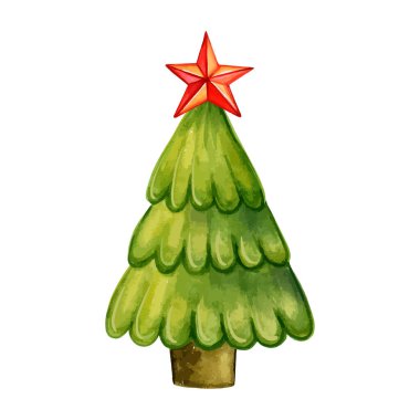 Yıldızlı Noel ağacı. suluboya resimleme