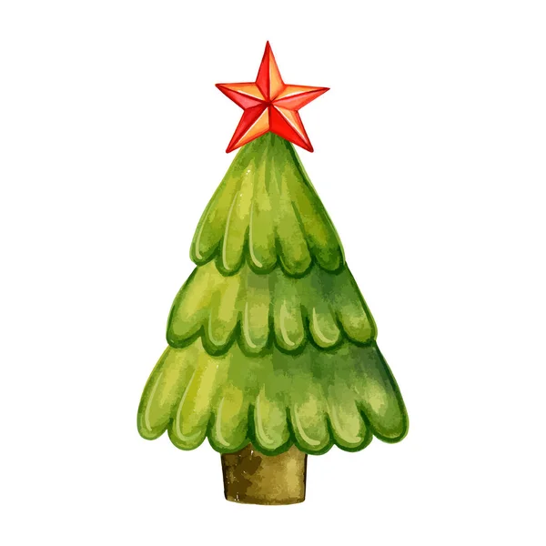 Arbre de Noël avec étoile. illustration aquarelle — Photo