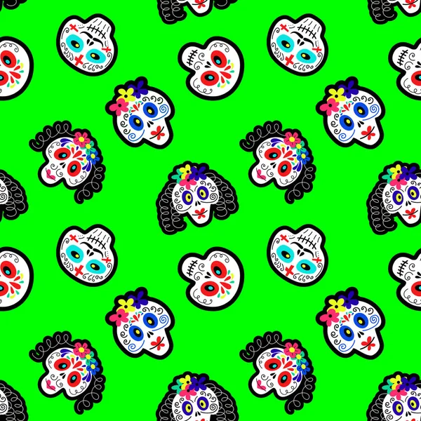 Seamless pattern with colorful funny skulls. — Stock Vector