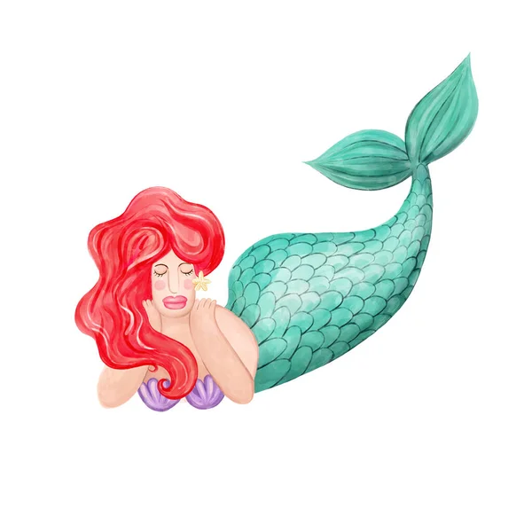 Schöne Meerjungfrau mit roten Haaren auf weißem Hintergrund — Stockfoto
