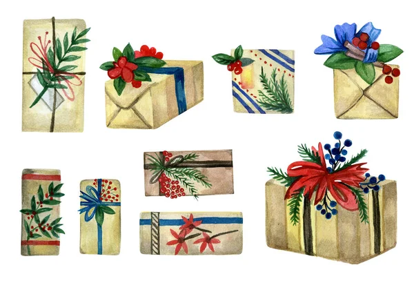 Conjunto de presentes de Natal com decorações. Ilustração aquarela — Fotografia de Stock