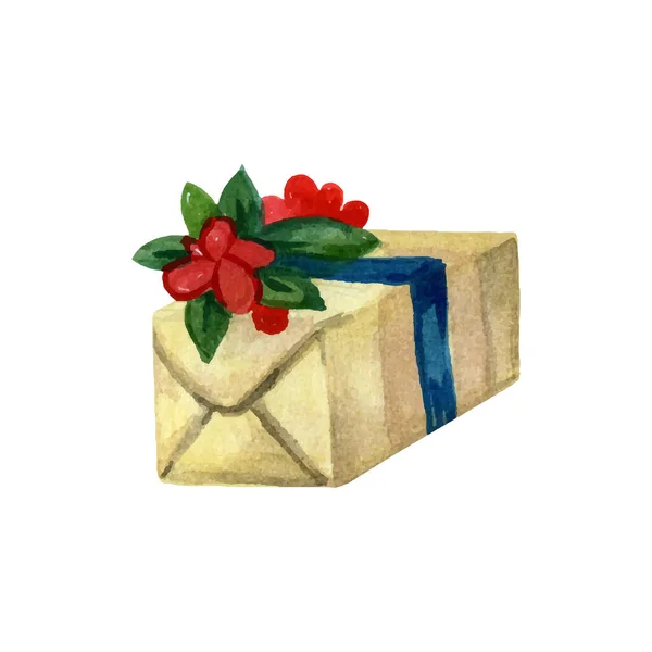 Vánoční dárek s dekoracemi. Obrázek vektoru akvarelu — Stockový vektor