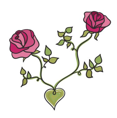 Kalbi olan iki pembe gül. Vektör illüstrasyonu