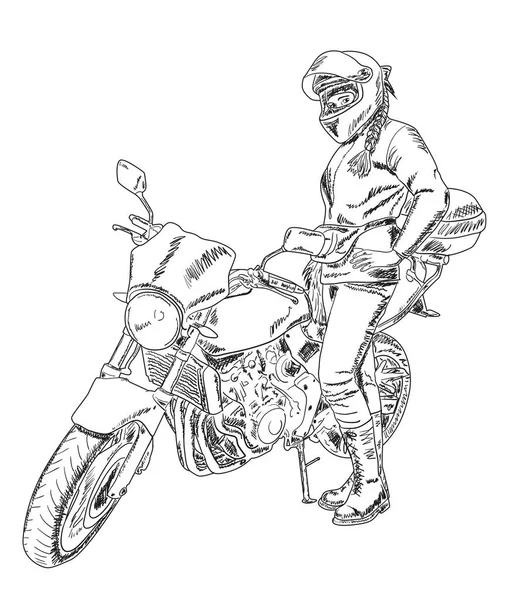 骑摩托车的女孩站在摩托车旁边 矢量图解 — 图库矢量图片