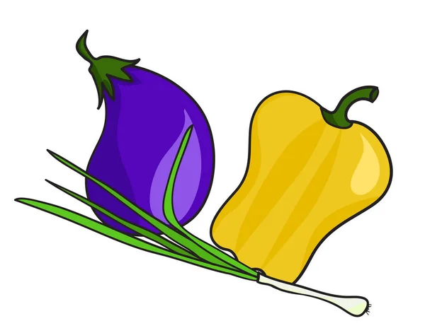 Cartoon Vegetables Eggplant Yellow Bell Pepper Sprig Green Onions Vector — Stock Vector