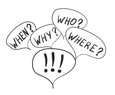 Soruları olan baloncuklar ve cevabı olan bir baloncuk. Vektör illüstrasyonu