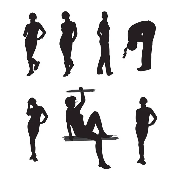 Set Silhouettes Girls Different Poses Vector Illustration — Stock Vector