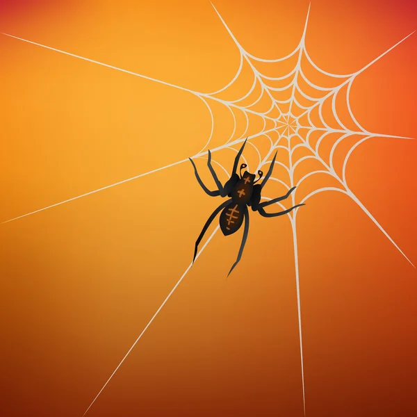 Spider with web on orange background — Stock Vector