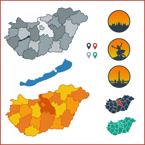 Vektorová mapa Maďarska s barevné okresy na samostatné pojmenované vrstvy a maďarský symboly — Stockový vektor