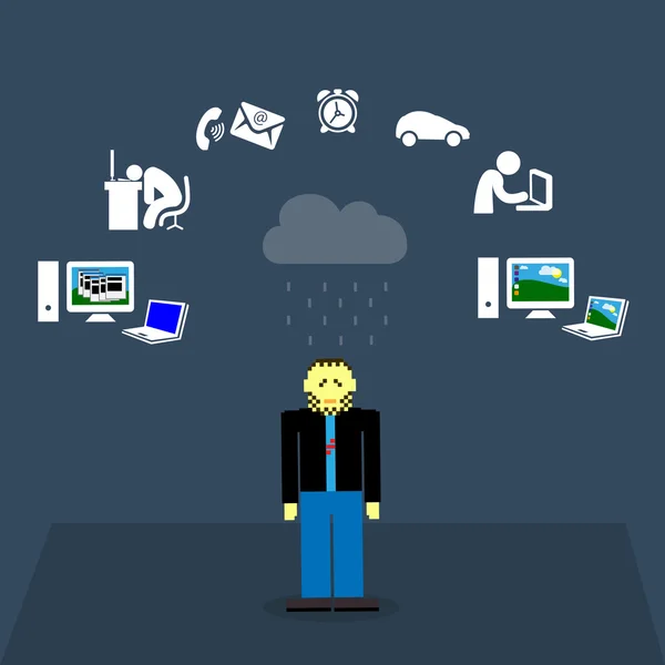 Conjunto de ícones de conceito de design plano para web e serviços de TI em fundo azul com uma figura de pixel especialista em TI — Vetor de Stock