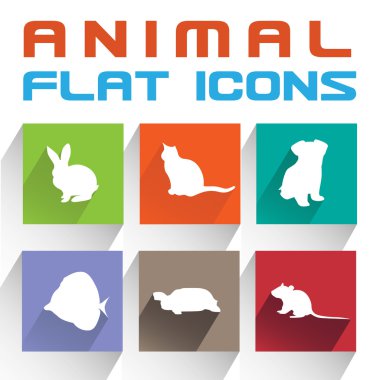 Uzun gölgeler ile düz tasarım vektör uygulama hayvan siluetleri Icons Set
