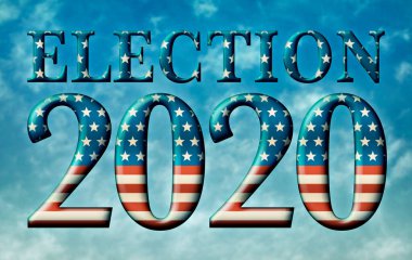 2020 seçimleri ABD 'den yapılmıştır. Parçalı bulutlu mavi gökyüzüne karşı bayrak yıldızları ve çizgileri. Bir kırpma yolu içerir.