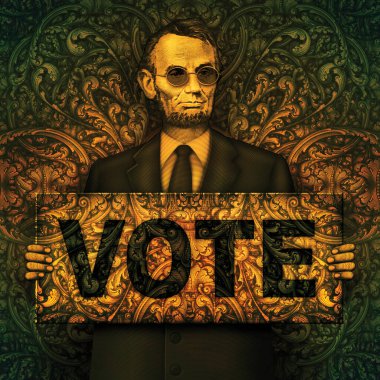 Beş dolarlık banknottan Abraham Lincoln tarafından tutulan bir VOTE tabelasının fotoğrafı. 3B Resim Oranı