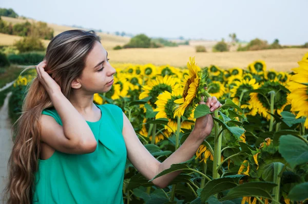Dívka na pole slunečnic — Stock fotografie