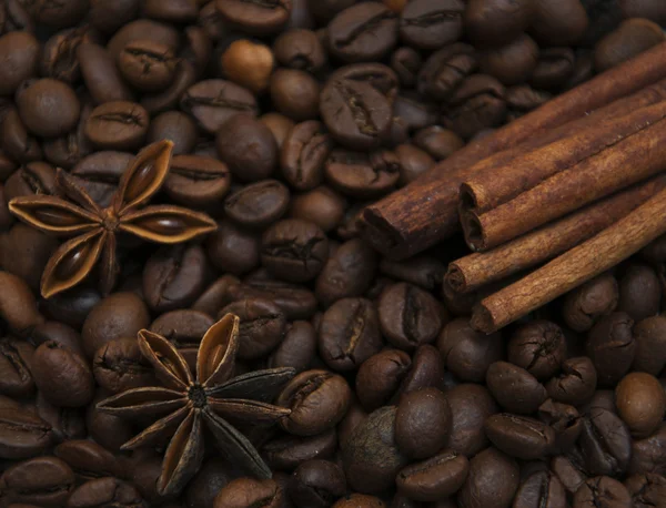 Roasted coffee and cinnamon sticks — Stock Photo, Image