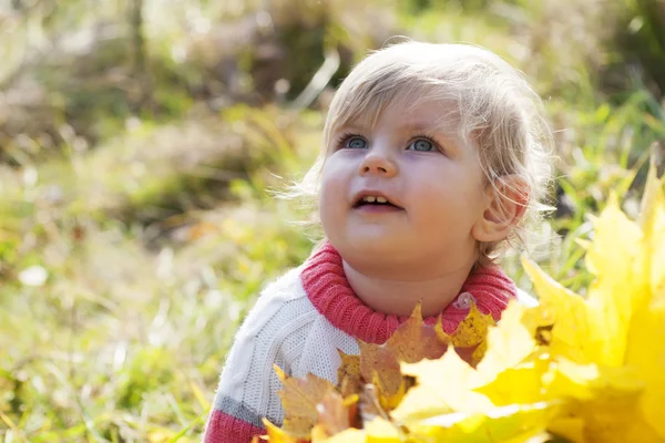 Sonbahar yaprakları ile kız bebek — Stok fotoğraf