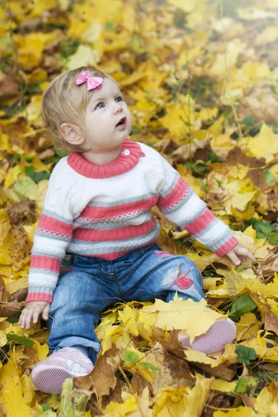 Sonbahar yaprakları ile kız bebek — Stok fotoğraf
