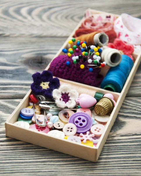 Thread and material for handicrafts in box — Stock Photo, Image