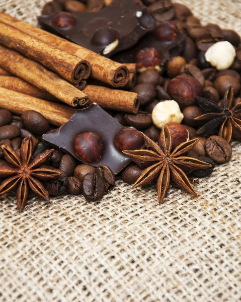 Coffee beans with cinnamon sticks and chocolate — Stock Photo, Image