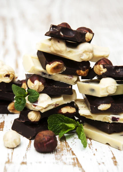 Dark and white chocolate with nuts — Stock Photo, Image