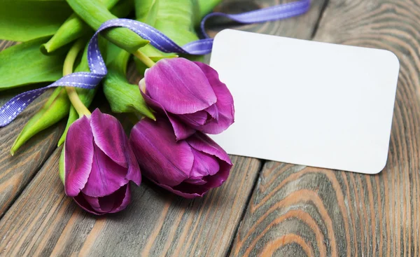 Tulipanes con una tarjeta — Foto de Stock