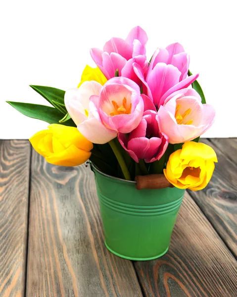 Bucket with colorful tulips — Stock Photo, Image