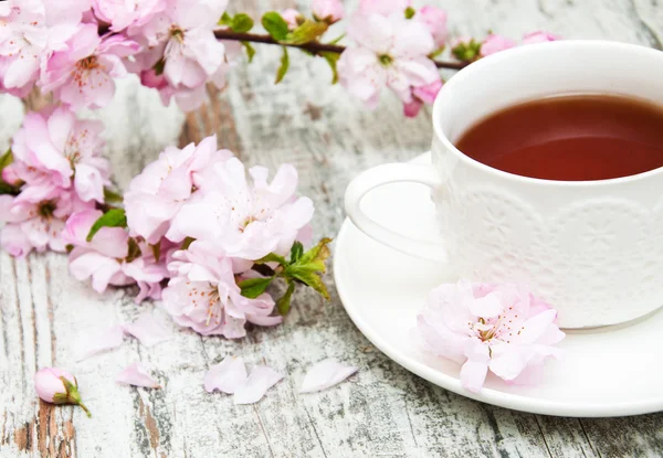 Xícara de chá e flor de sakura — Fotografia de Stock