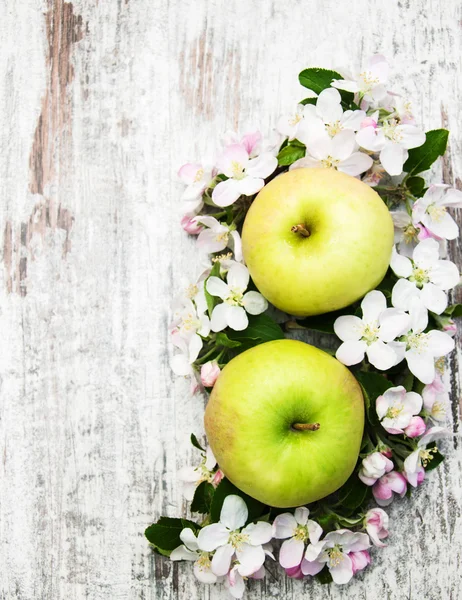 Jablka a jabloňové květy stromu — Stock fotografie