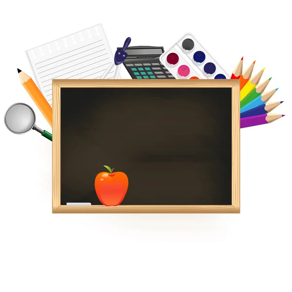 Black chalkboard with school supplies. — Stock Vector