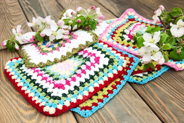 Multicolored plaid squares of crocheted — Stock Photo, Image