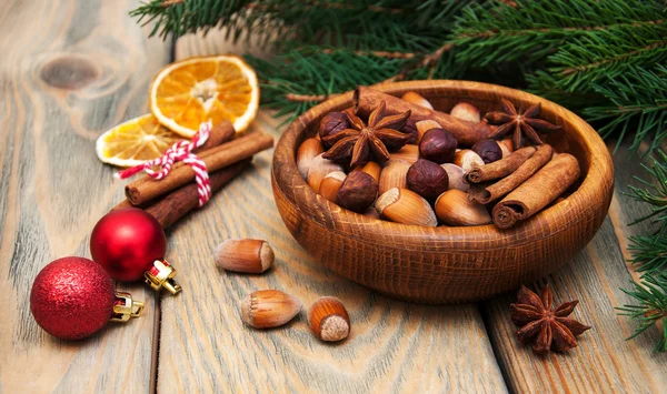 Nuts and spices for christmas cake — Stock Photo, Image