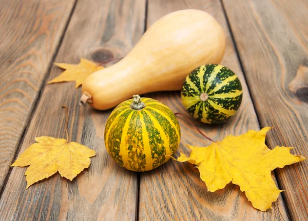 Calabazas de otoño con hojas amarillas —  Fotos de Stock