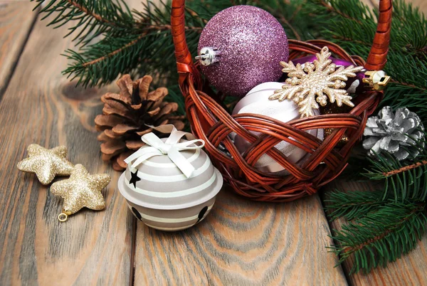 Basket with christmas baubles — Stock Photo, Image