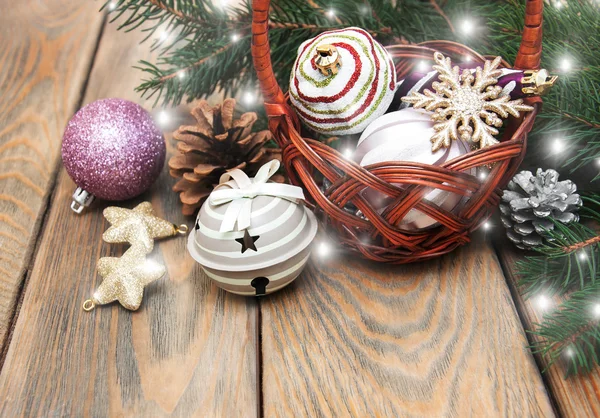 Basket with christmas baubles — Stock Photo, Image