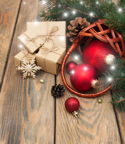 Basket with christmas baubles — Stock Photo, Image