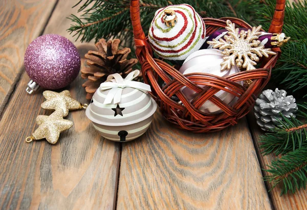 Basket with christmas baubles — Stock Photo, Image