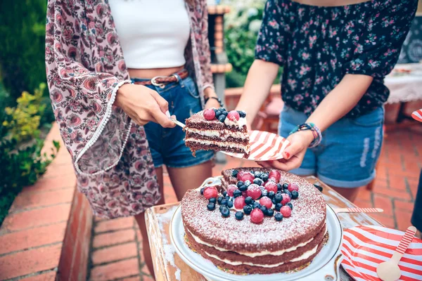 Donna che serve torta al cioccolato in una festa estiva — Foto Stock