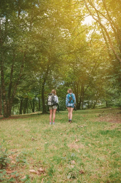 Two women friends with backpacks standing in forest — Stock Photo, Image