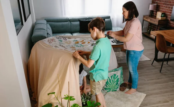 Family preparing tent to camping at home — Stock Photo, Image