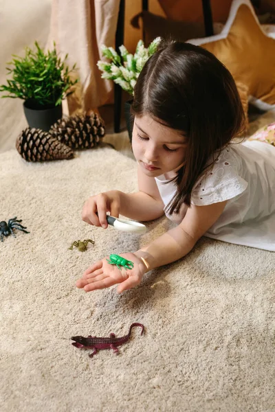 Flicka spelar observera leksak buggar med ett förstoringsglas — Stockfoto