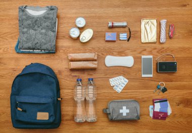 Top view of emergency backpack set