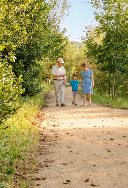 Бабушки и дедушки и внуки гуляют на улице — стоковое фото