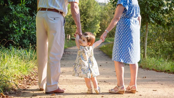 Bebê neta andando com seus avós ao ar livre — Fotografia de Stock