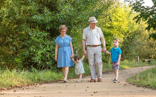 Grandparents and grandchildren walking outdoors — Stock Photo, Image